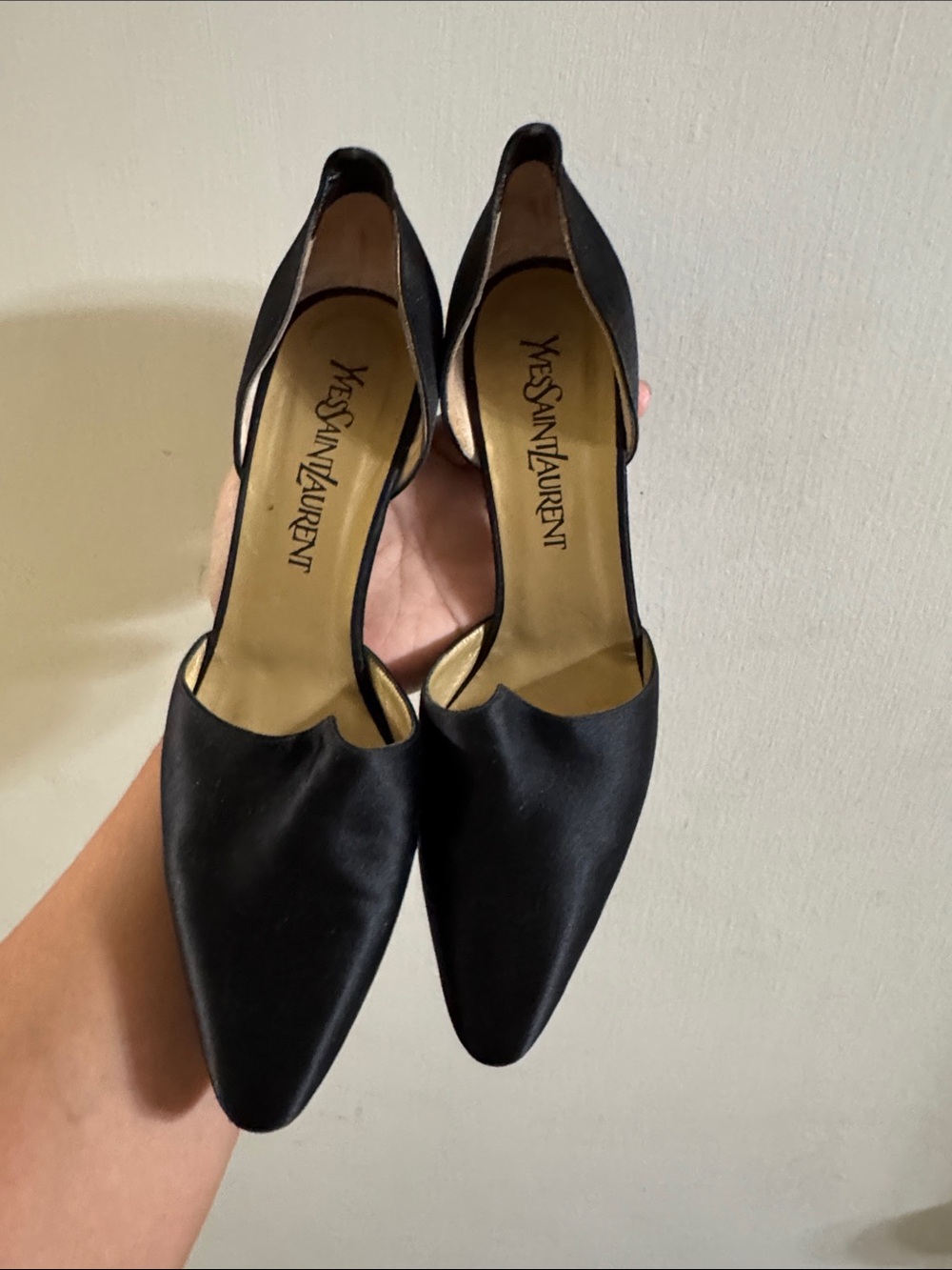 Yves Saint Laurent Black Satin Pointed D'Orsay Heels